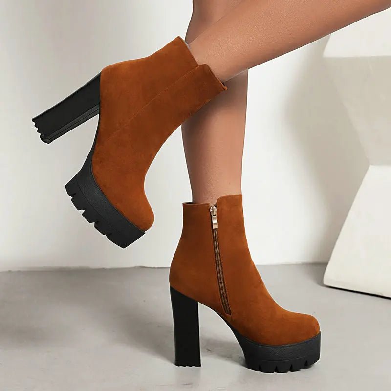 Chunky Heel Platform Ankle Boots | Faux Suede | Lug Sole Design | Fall & Winter Wear