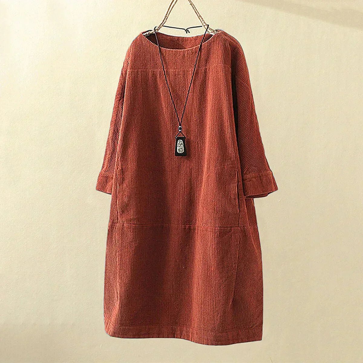 Corduroy Shift Dress | 3/4 Sleeve Relaxed Fit | Soft Washed Texture