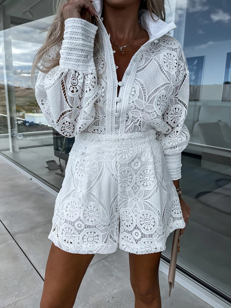 Two-Piece Crochet Romper Set | High Neck & Long Sleeve | Embroidered Lace Look