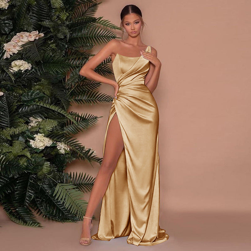 Satin One-Shoulder Gown | High Slit Formal Dress | Draped Evening Fit
