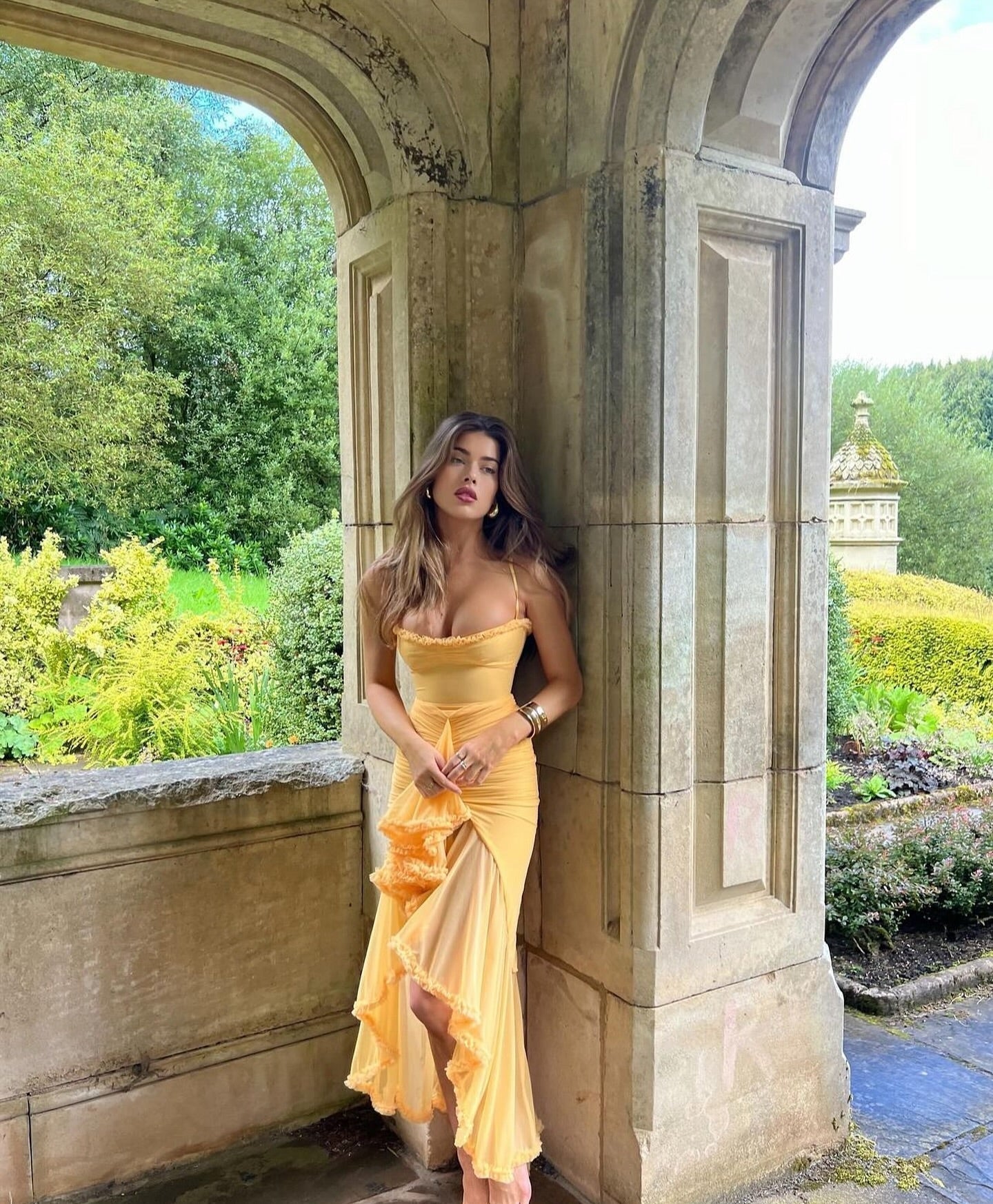 Ruffled Bodycon Gown | Spaghetti Straps & Ruched Front | Satin-Trim Formal Dress