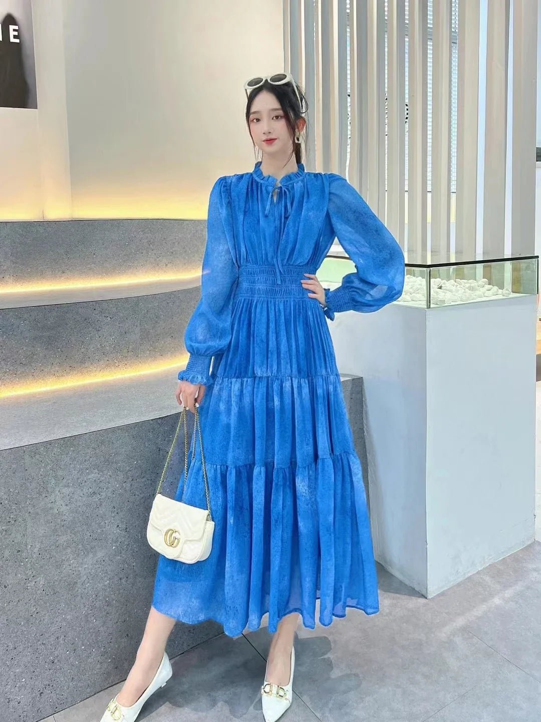 Elegant Tiered Chiffon Midi Dress | Sheer Long Sleeves | Flowing Fit | Evening Wear