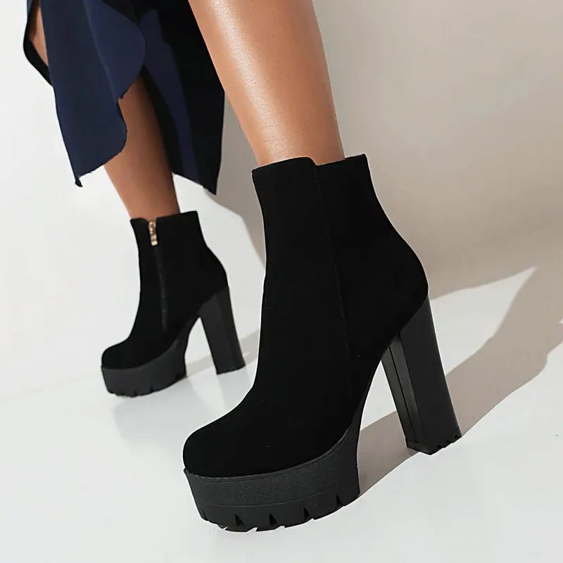 Chunky Heel Platform Ankle Boots | Faux Suede | Lug Sole Design | Fall & Winter Wear