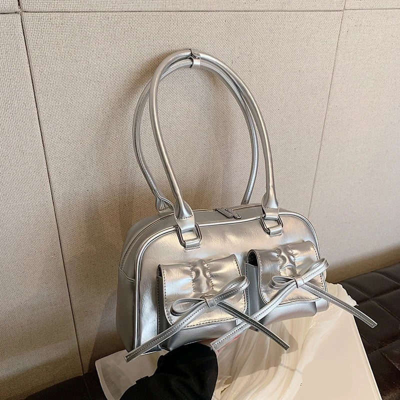Patent Shoulder Bag | Glossy PU Leather | Bow Pocket Detail
