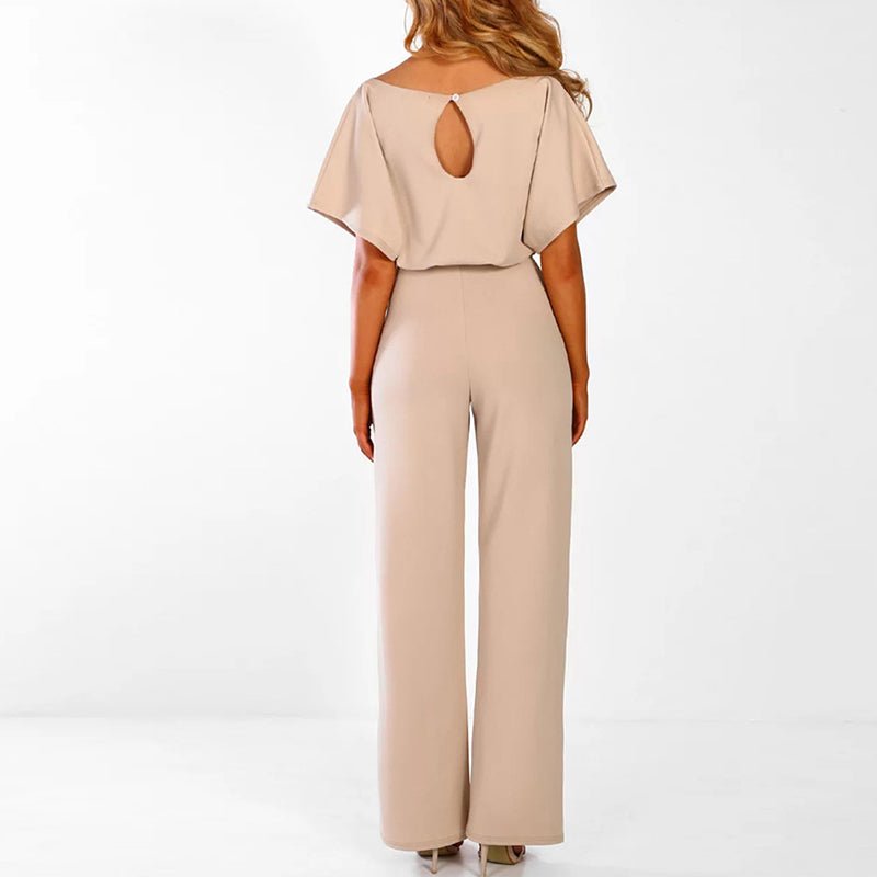 Short Sleeve Belted Jumpsuit | Wide Leg | Draped Crew Neck