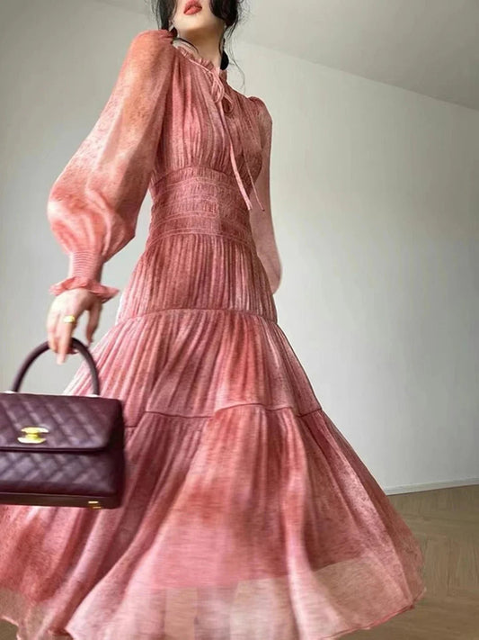 Elegant Tiered Chiffon Midi Dress | Sheer Long Sleeves | Flowing Fit | Evening Wear