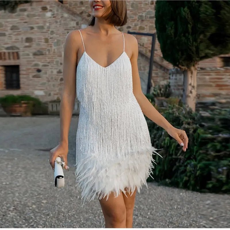 Glamorous Feathered Mini Dress | Eye-Catching Fringe Design | Party-Ready Look | Evening Wear
