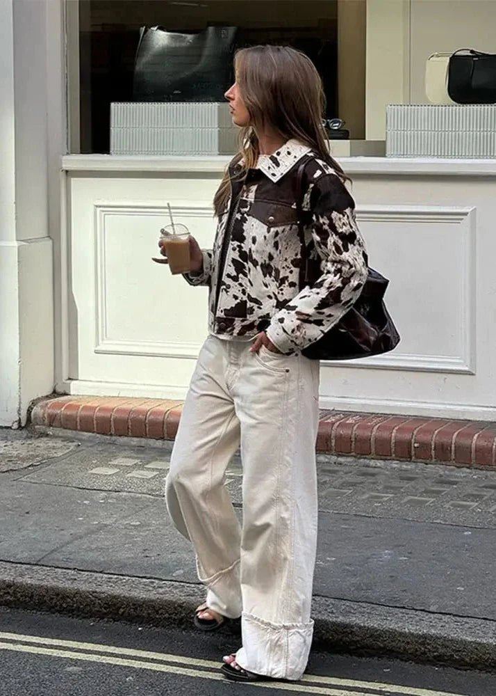 Cow Print Corduroy Jacket | Trendy Statement Piece | Soft Fabric | Casual Outerwear