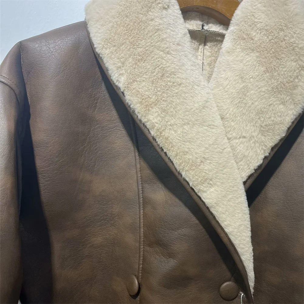Faux Leather Belted Coat | Shearling Collar | Oversized Fit