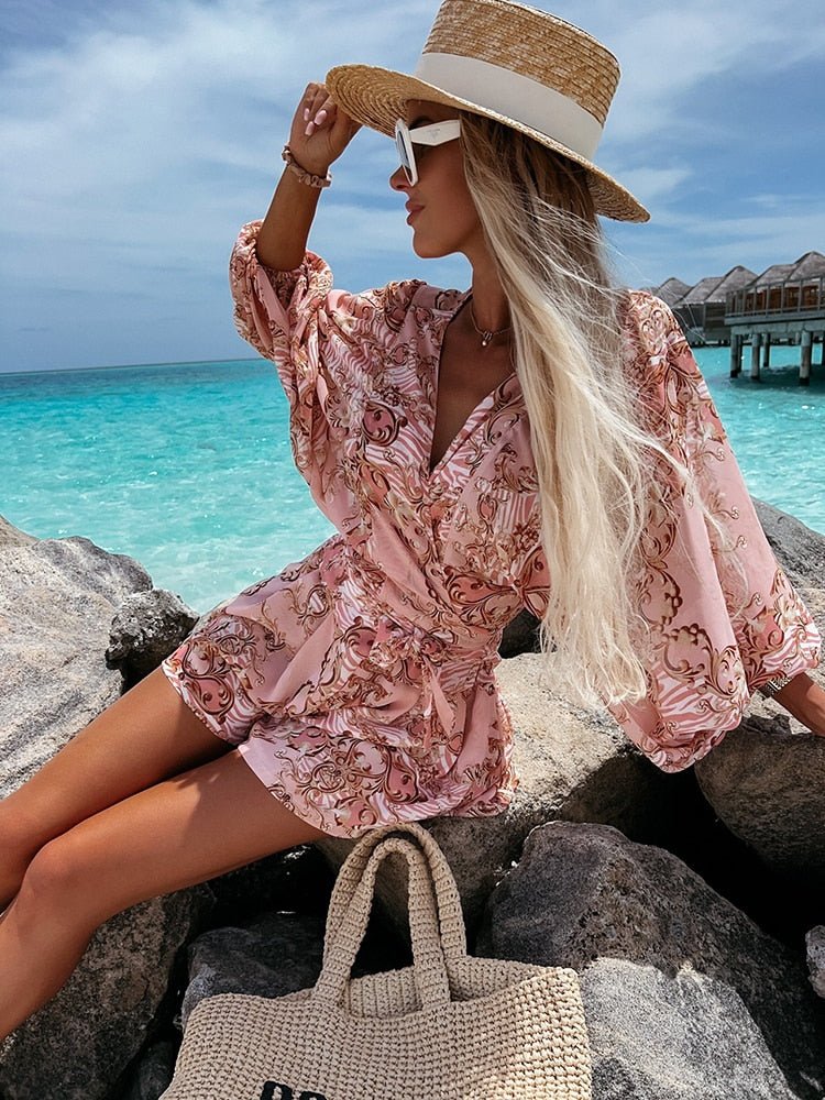 Tropical Print Romper | Wrap-Style Top | Elastic Waist Shorts
