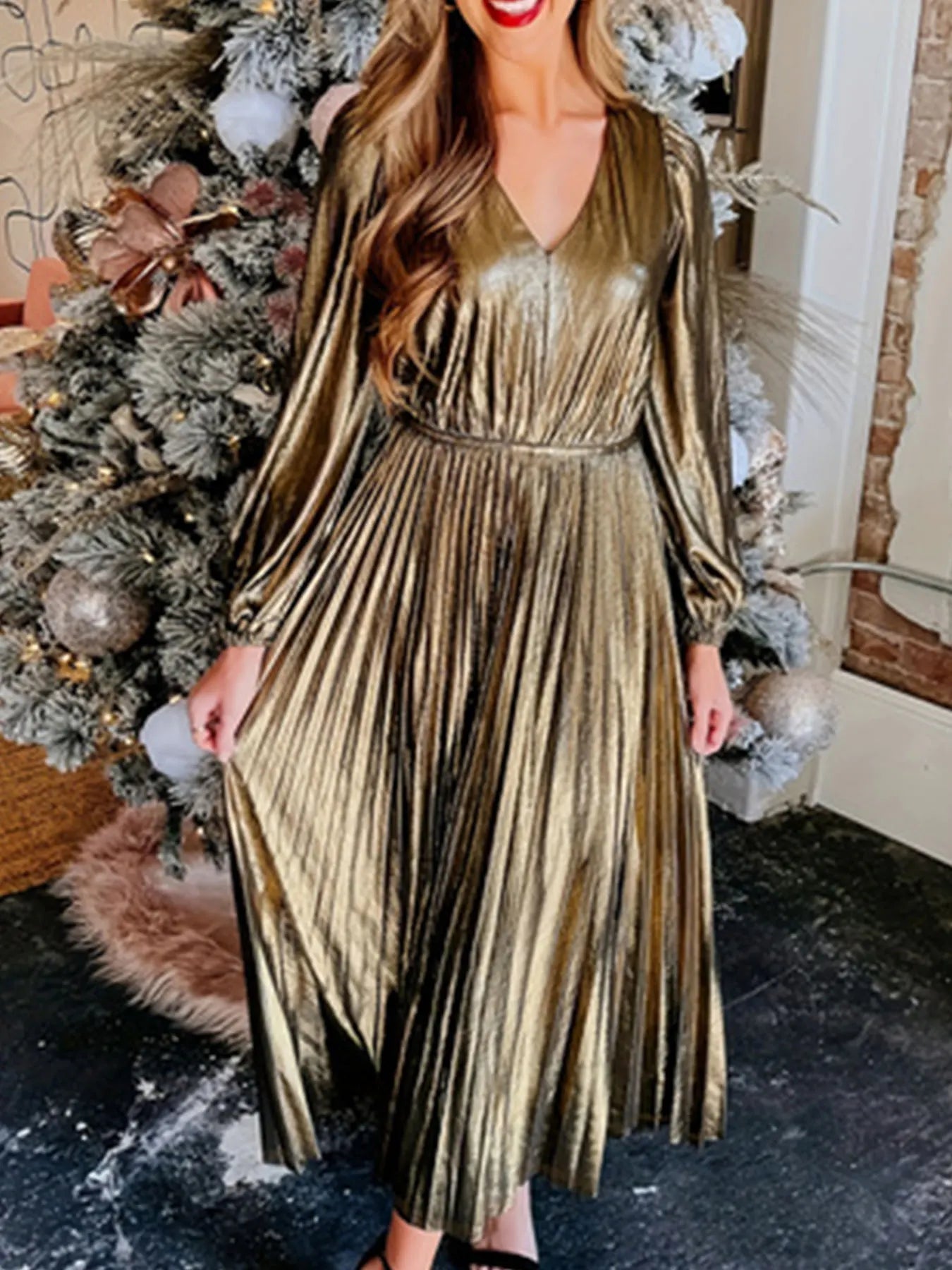Gold Metallic Pleated Midi Dress | Shimmering Finish | Long-Sleeve Design | Evening Wear