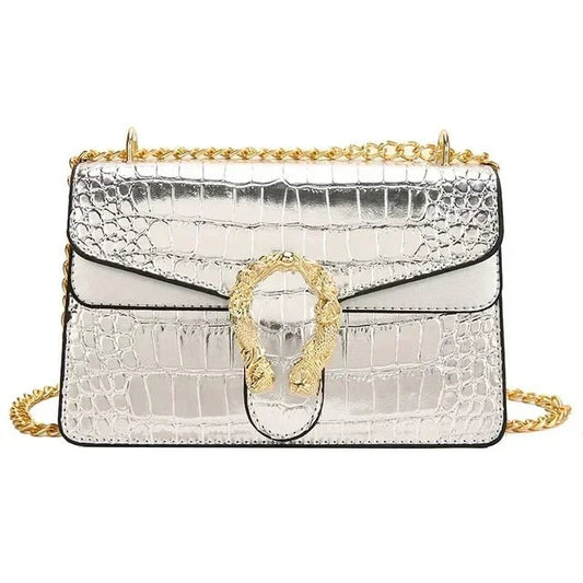 Croc-Embossed Chain Shoulder Bag | Glossy Finish | Statement Buckle Detail