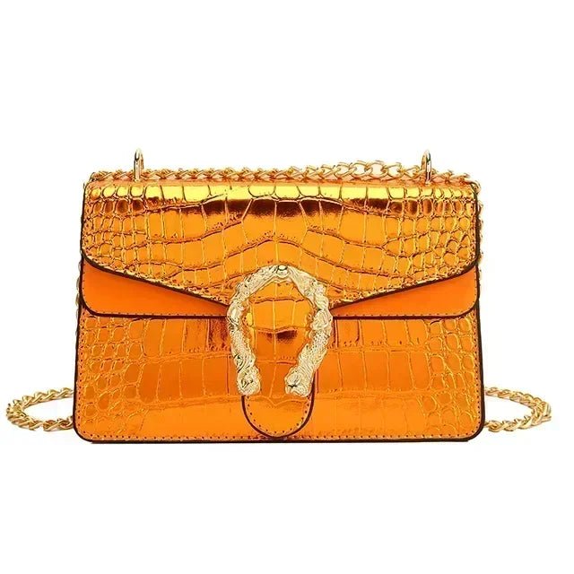 Croc-Embossed Chain Shoulder Bag | Glossy Finish | Statement Buckle Detail