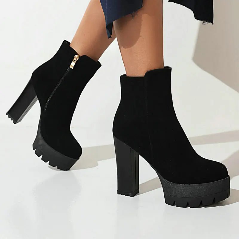 Chunky Heel Platform Ankle Boots | Faux Suede | Lug Sole Design | Fall & Winter Wear