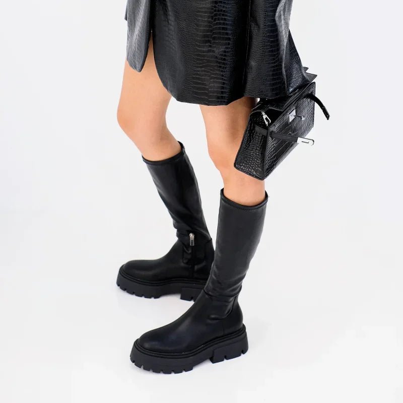 Chunky Sole Knee-High Boots | Sleek Vegan Leather | Bold Statement Style