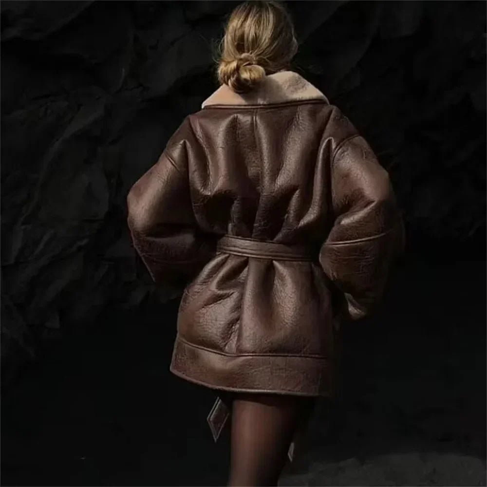 Faux Leather Belted Coat | Shearling Collar | Oversized Fit