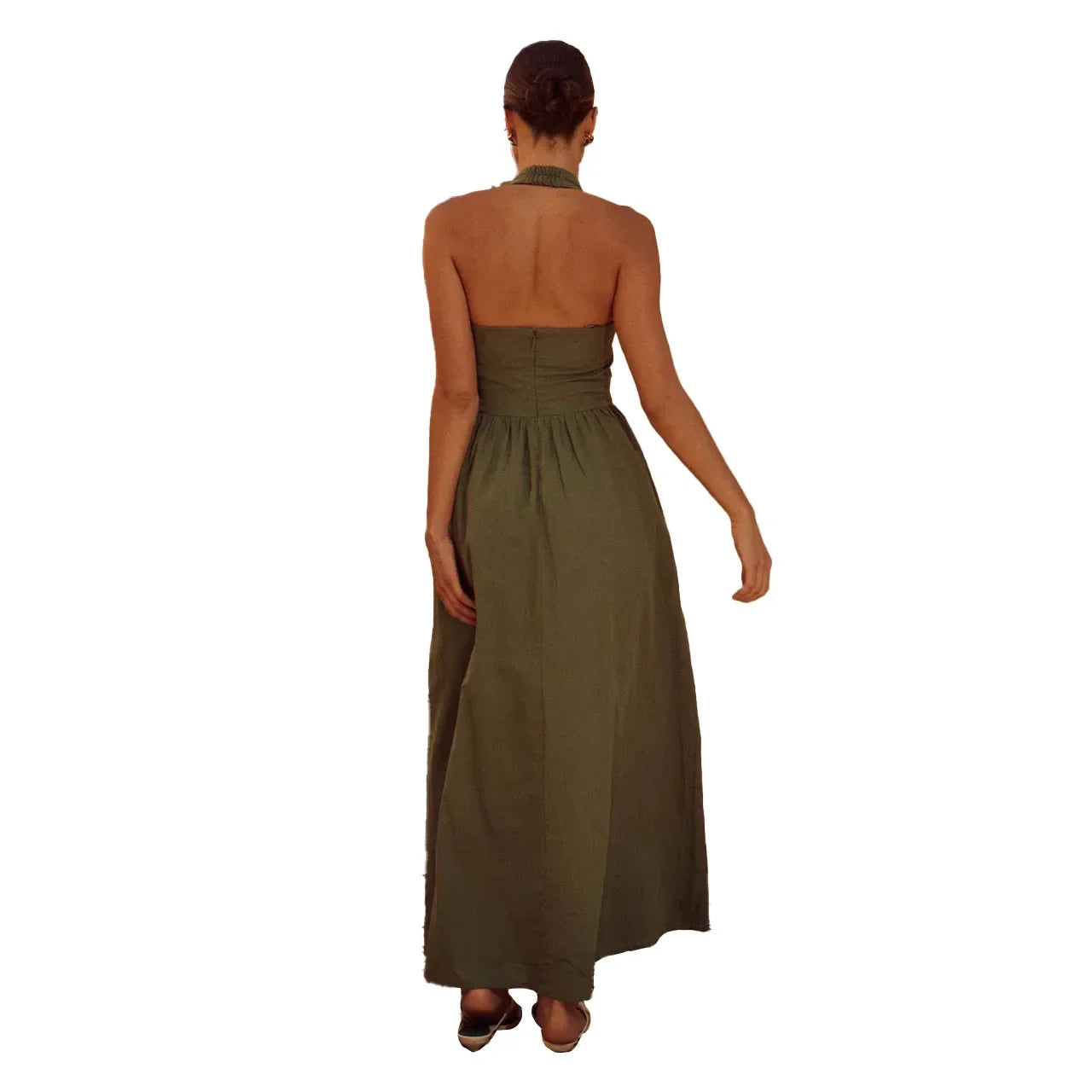 Halter Midi Sundress | Fitted Bodice with Pockets | Lightweight Summer Linen Blend