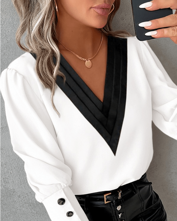 Contrast V-Neck Blouse | Statement Cuff Buttons | Tailored Silhouette
