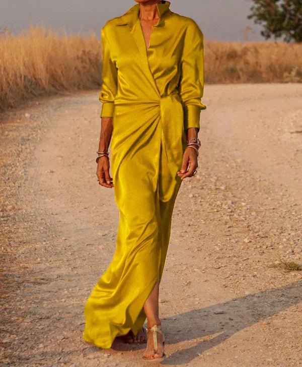 Satin Shirt Dress | Draped Waist Tie | Long Sleeve Elegance