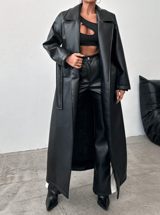 Long Faux Leather Trench Coat | Sleek & Timeless | Vegan Leather | Statement Outerwear