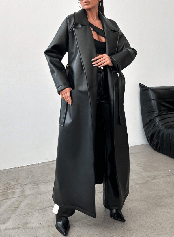 Long Faux Leather Trench Coat | Sleek & Timeless | Vegan Leather | Statement Outerwear