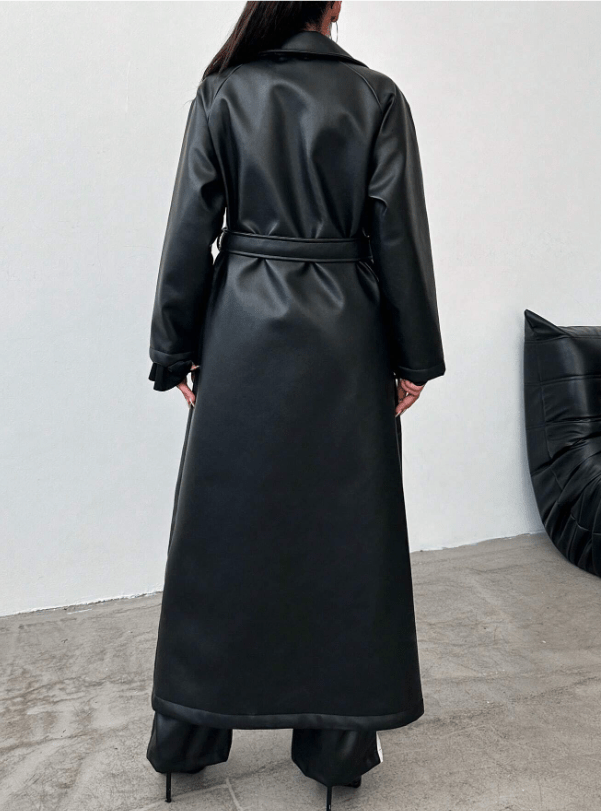 Long Faux Leather Trench Coat | Sleek & Timeless | Vegan Leather | Statement Outerwear