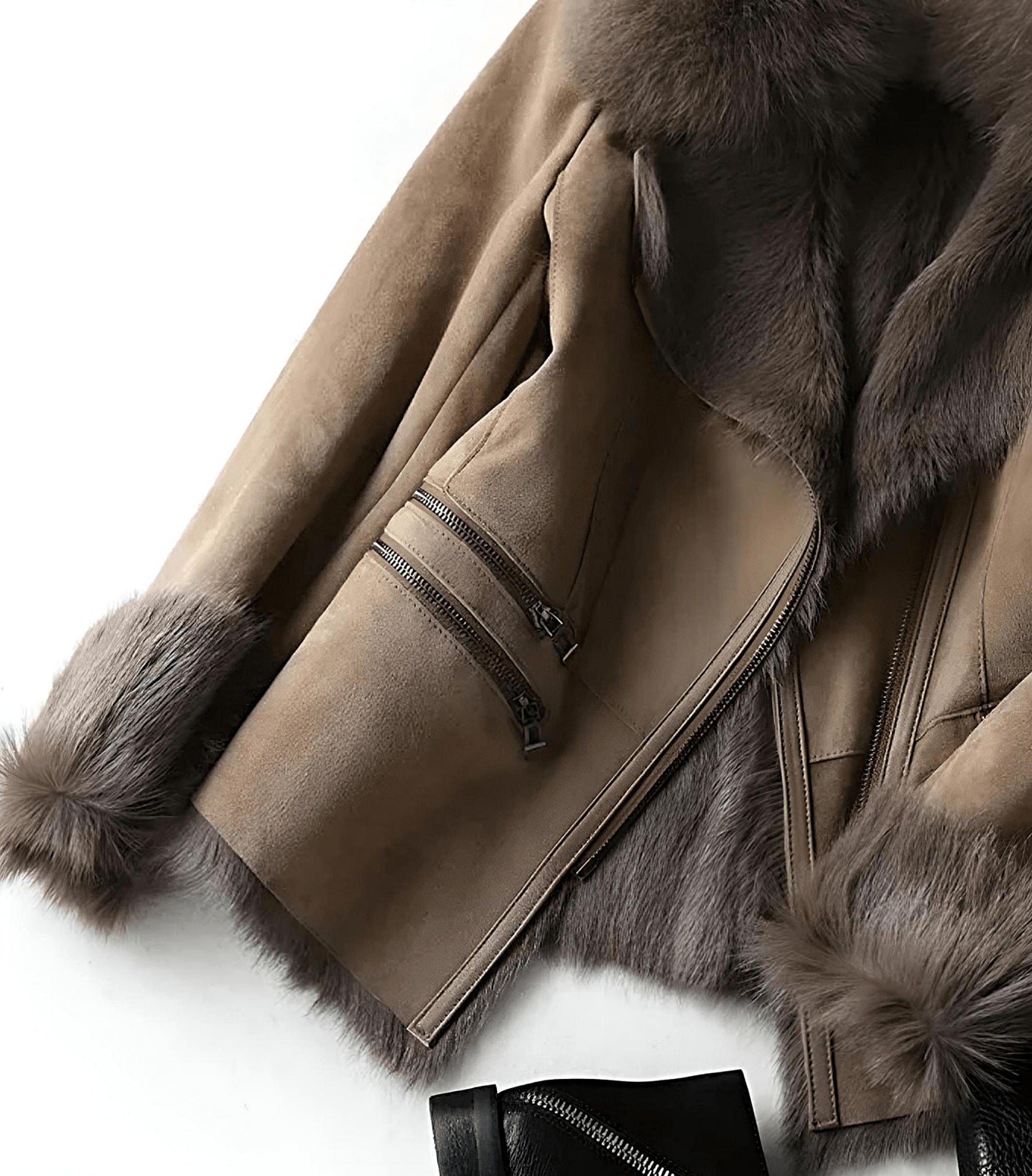 Luxe Faux Fur Collar Jacket | Suede Finish | Elegant Winter Style | Warm Insulated Layer