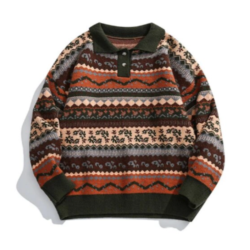 Men’s Fair Isle Knit Sweater | Winter Pullover with Button Collar | Nordic Patterned Jumper
