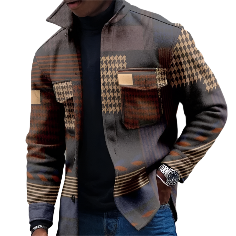 Men's Patchwork Jacket | Mixed Houndstooth & Colourblock | Midweight Streetwear Layer