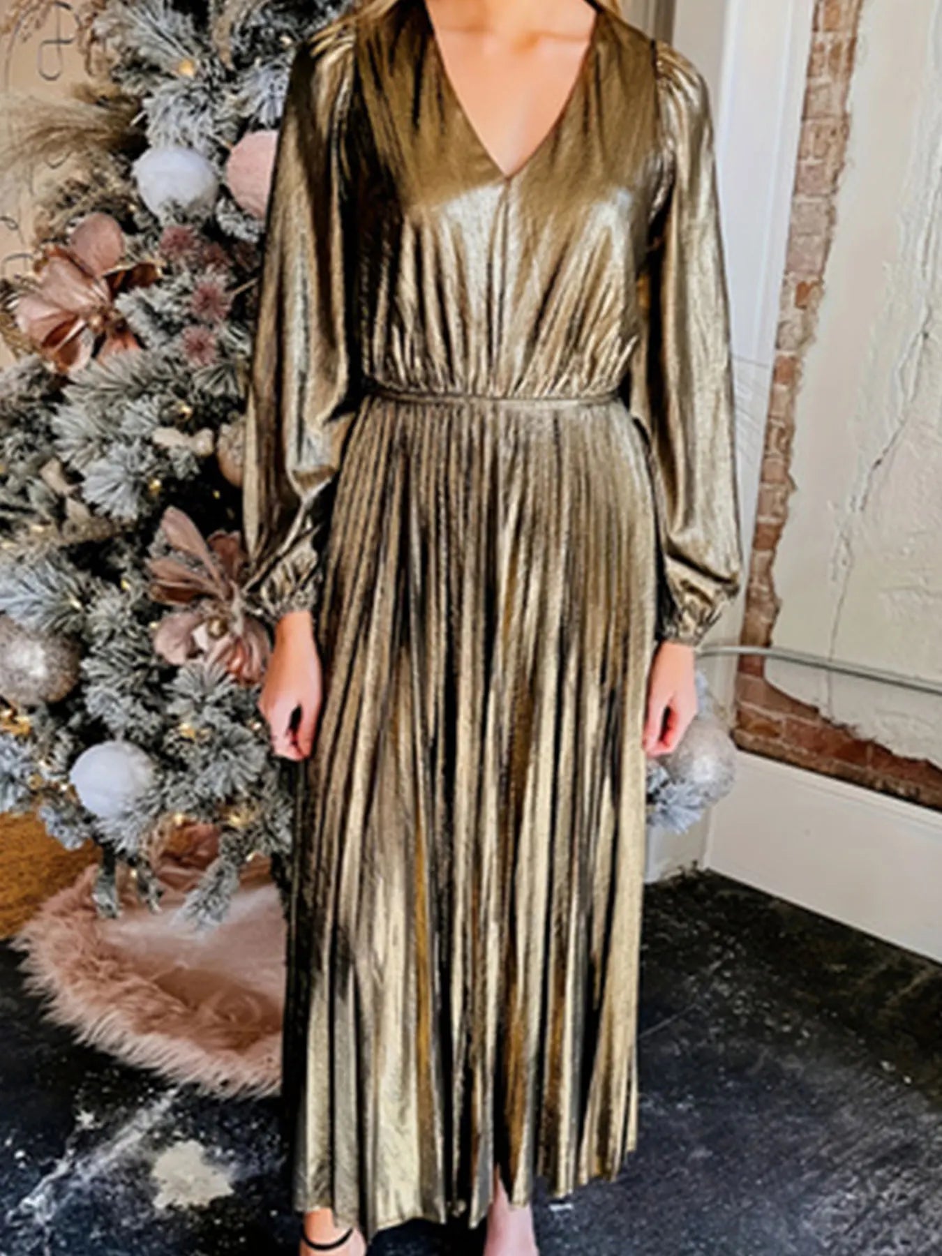 Gold Metallic Pleated Midi Dress | Shimmering Finish | Long-Sleeve Design | Evening Wear
