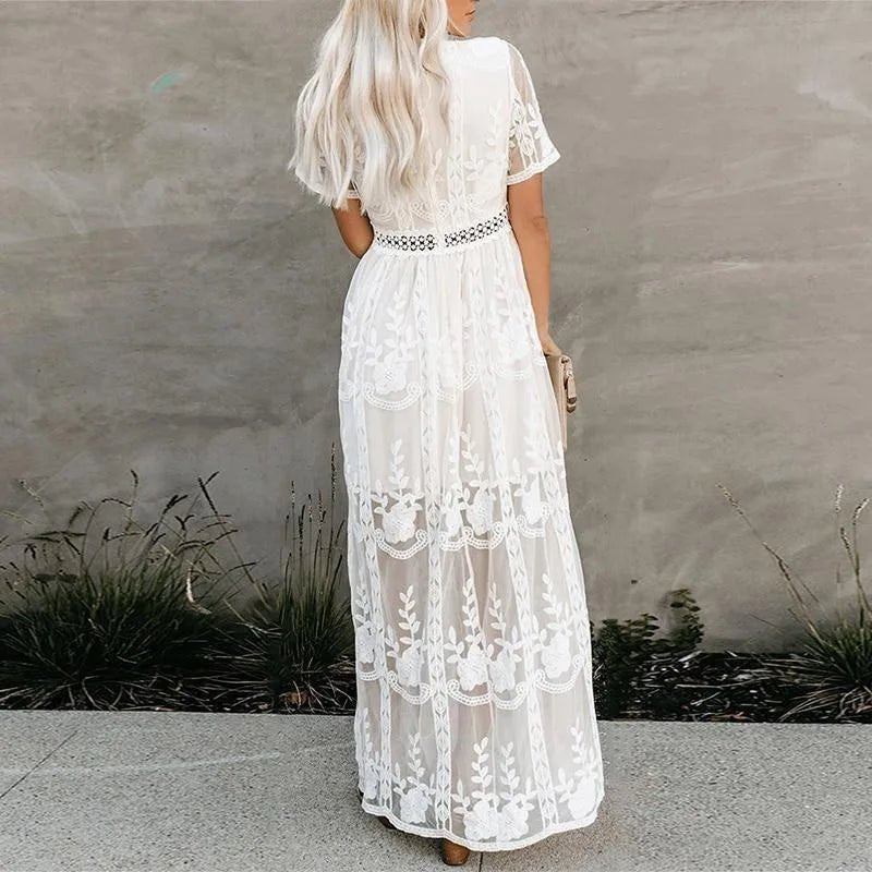 Embroidered Lace Maxi Dress | Bohemian Elegance | Sheer Overlay