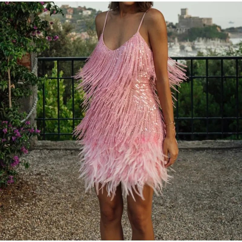 Glamorous Feathered Mini Dress | Eye-Catching Fringe Design | Party-Ready Look | Evening Wear