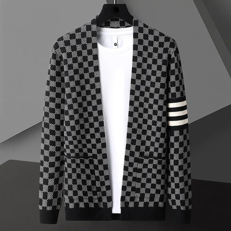 Men’s Checkered Knit Cardigan | Open Front Casual Sweater | Lightweight Streetwear Layer