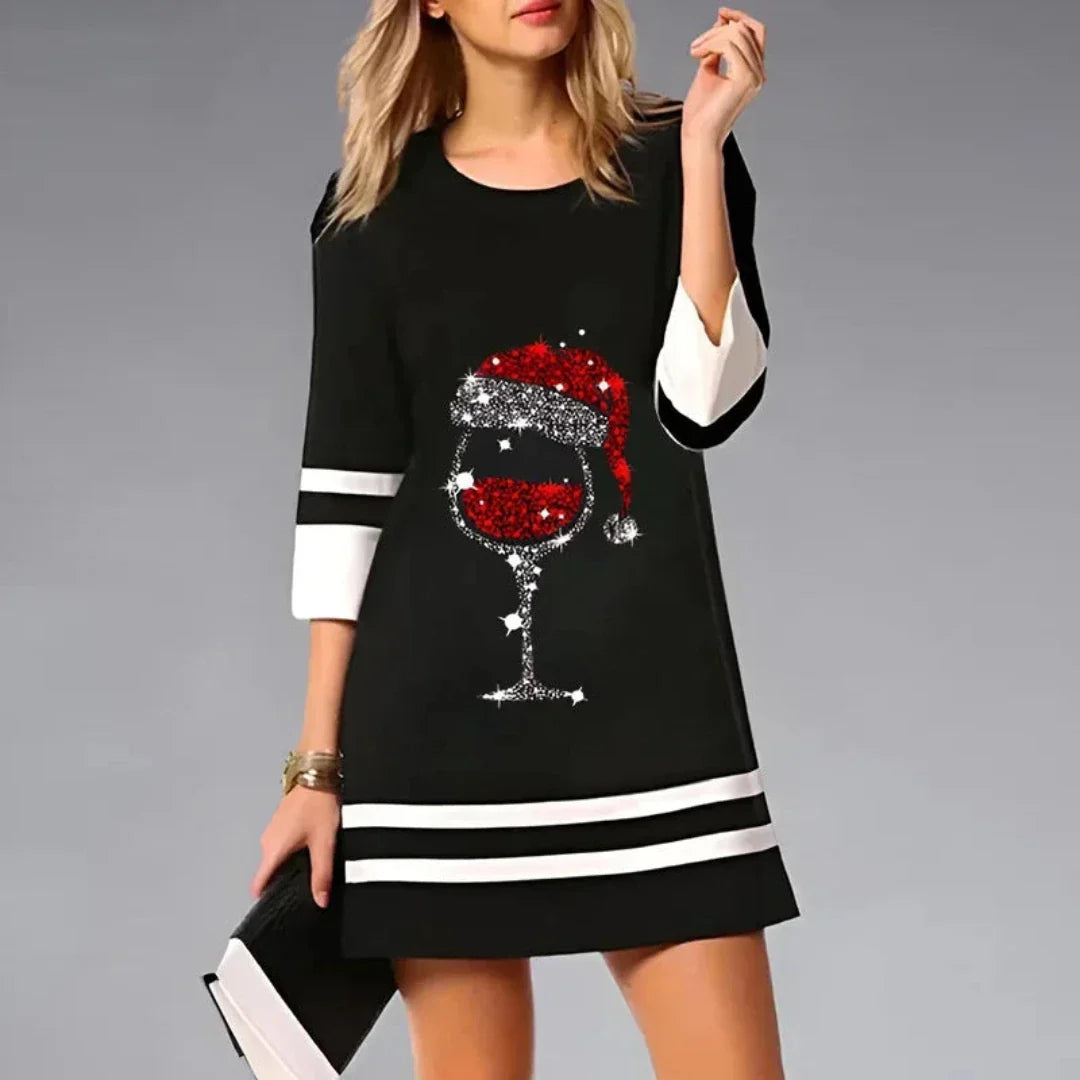 Holiday Wine Glass Graphic Dress | Glitter Print | Relaxed Mini Fit