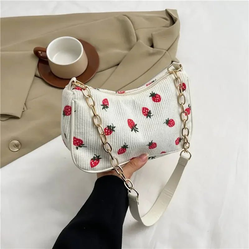Women's Strawberry Embroidered Crossbody Bag | Corduroy | Cute Everyday Accessory