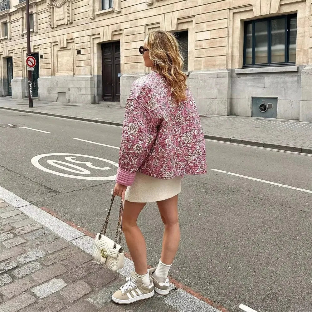 Floral Quilted Jacket | Soft Pink Tones | Lightweight Layering | Casual Chic
