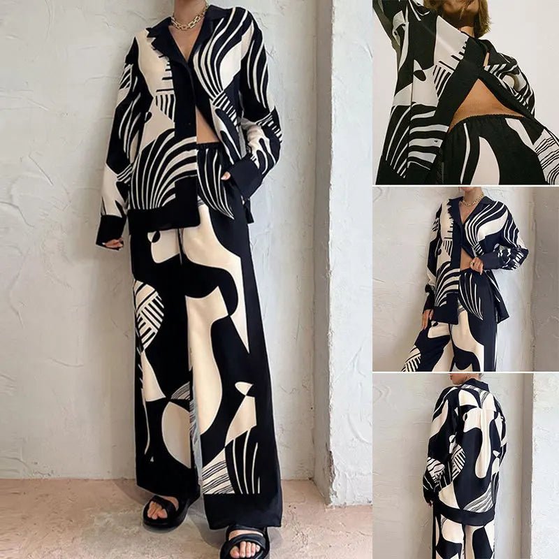 Women's Wide-Leg Pants Set | Abstract Black & Ivory Print | Relaxed Fit Button-Up and Trouser Co-ord
