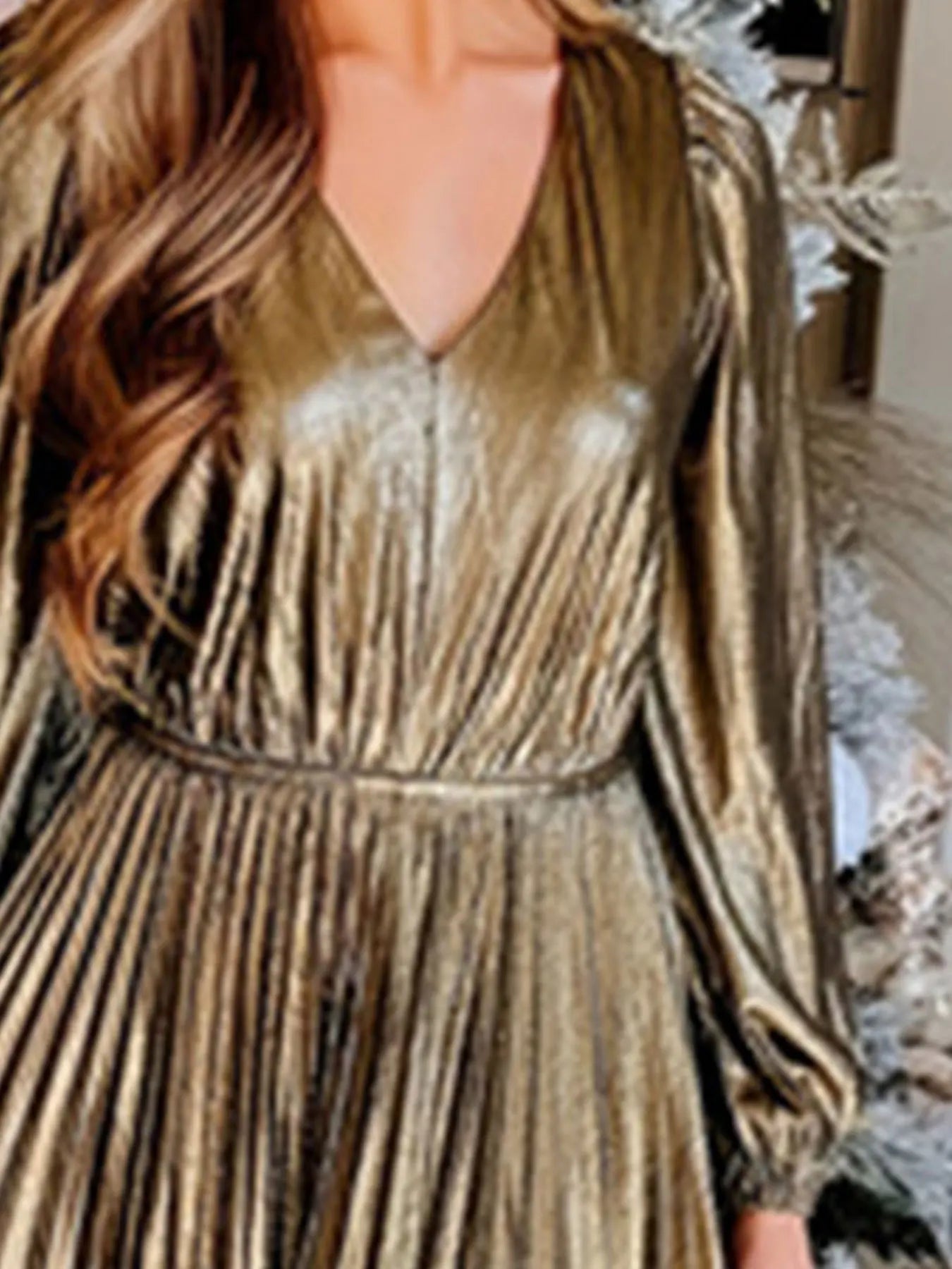 Gold Metallic Pleated Midi Dress | Shimmering Finish | Long-Sleeve Design | Evening Wear