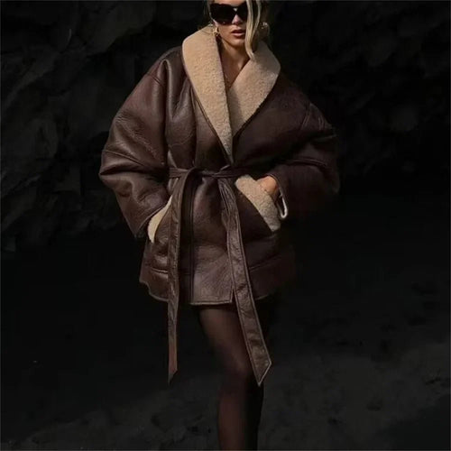 Faux Leather Belted Coat | Shearling Collar | Oversized Fit