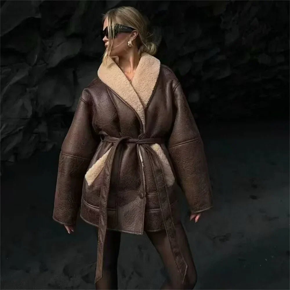 Faux Leather Belted Coat | Shearling Collar | Oversized Fit