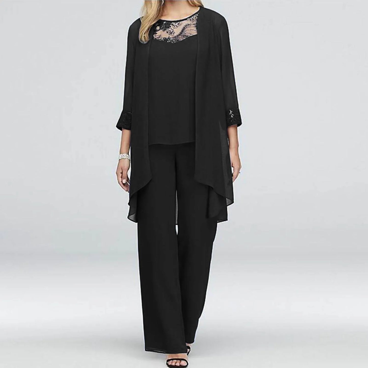 Elegant Two-Piece Pant Set | Layered Tunic with Lace Details | Flowy Fit | Evening Wear