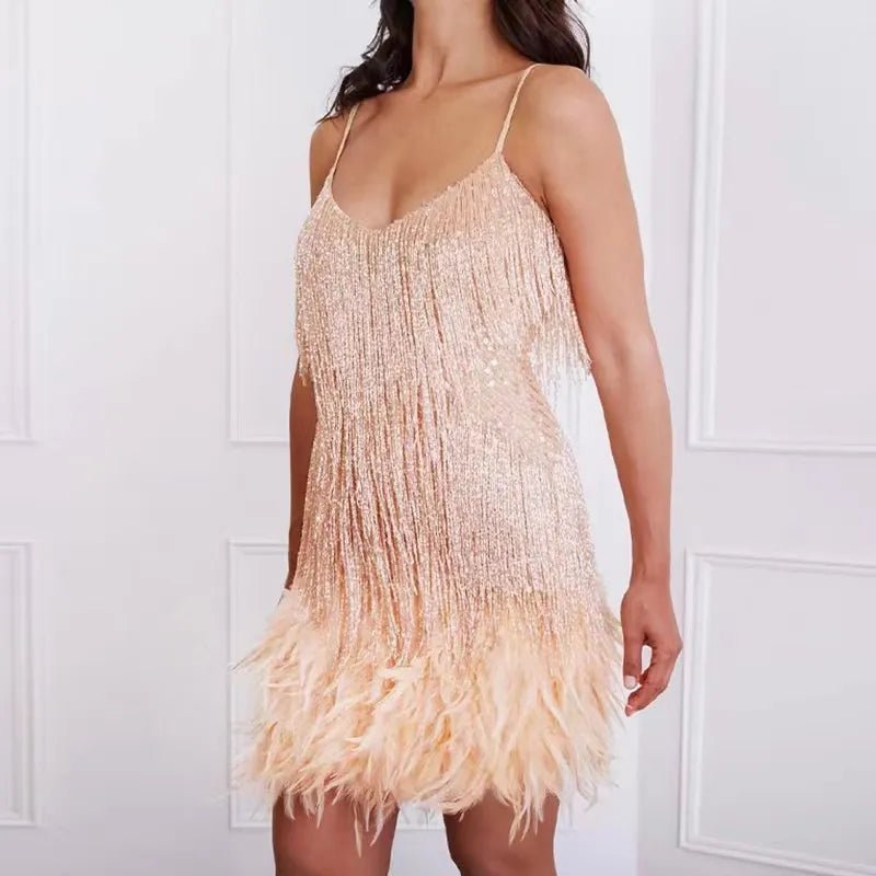 Glamorous Feathered Mini Dress | Eye-Catching Fringe Design | Party-Ready Look | Evening Wear
