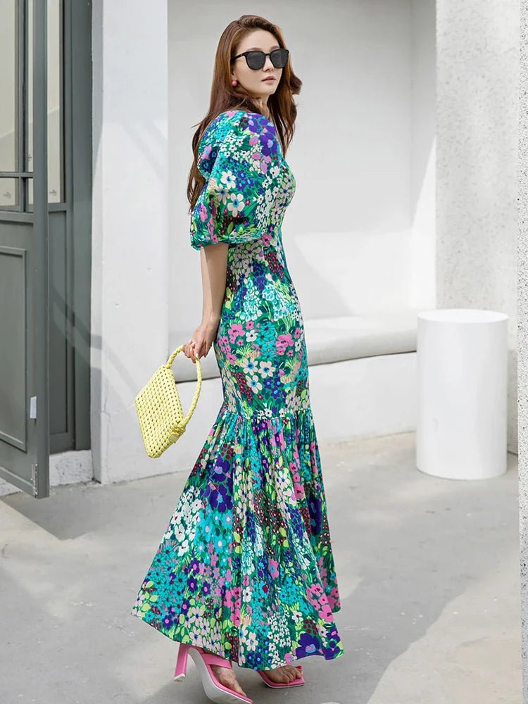 Bold Floral Maxi Dress | Puff Sleeves | Vibrant Print | Elegant Summer Wear