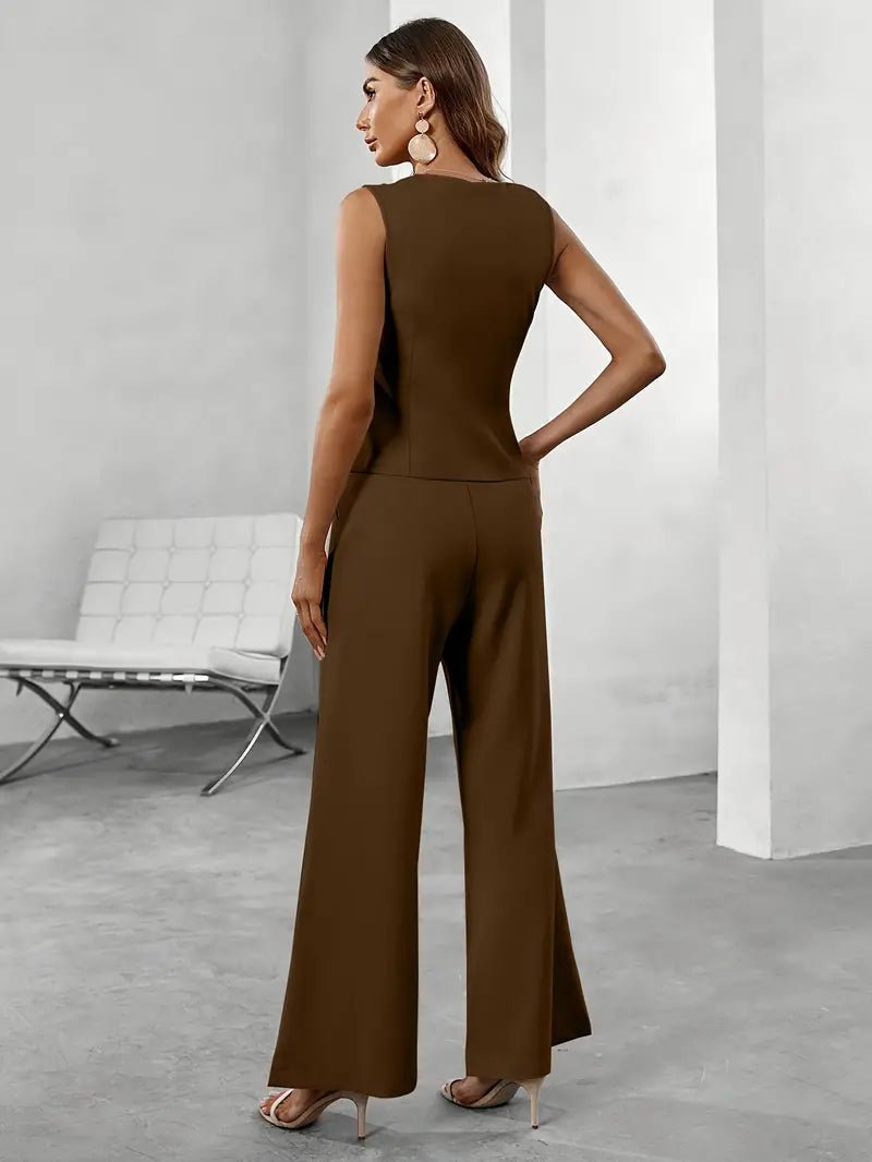 Elegant Sleeveless Wide-Leg Pantsuit | Asymmetric Button Vest | Tailored Fit