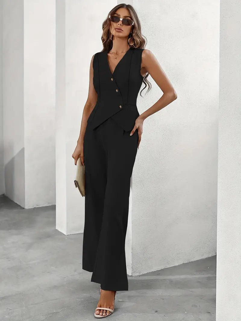 Elegant Sleeveless Wide-Leg Pantsuit | Asymmetric Button Vest | Tailored Fit