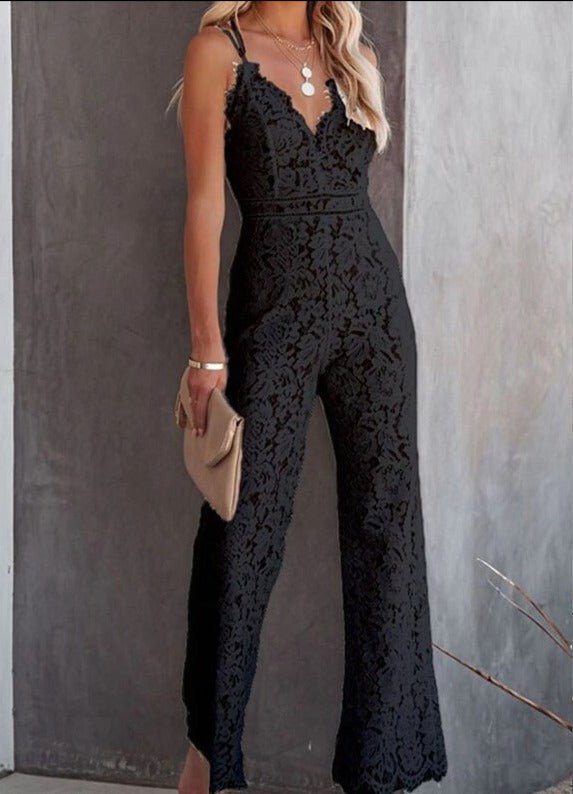 Lace Wide-Leg Jumpsuit | Halter Neckline | Elegant Open Back | Formal Evening Wear