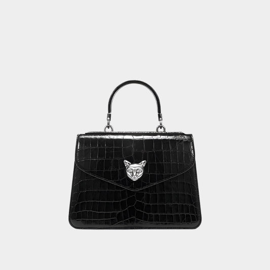 Croc-Embossed Shoulder Bag | PU Leather | Gold Lock Detail