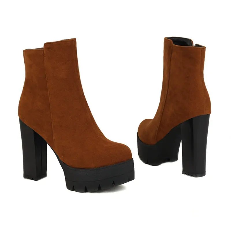 Chunky Heel Platform Ankle Boots | Faux Suede | Lug Sole Design | Fall & Winter Wear