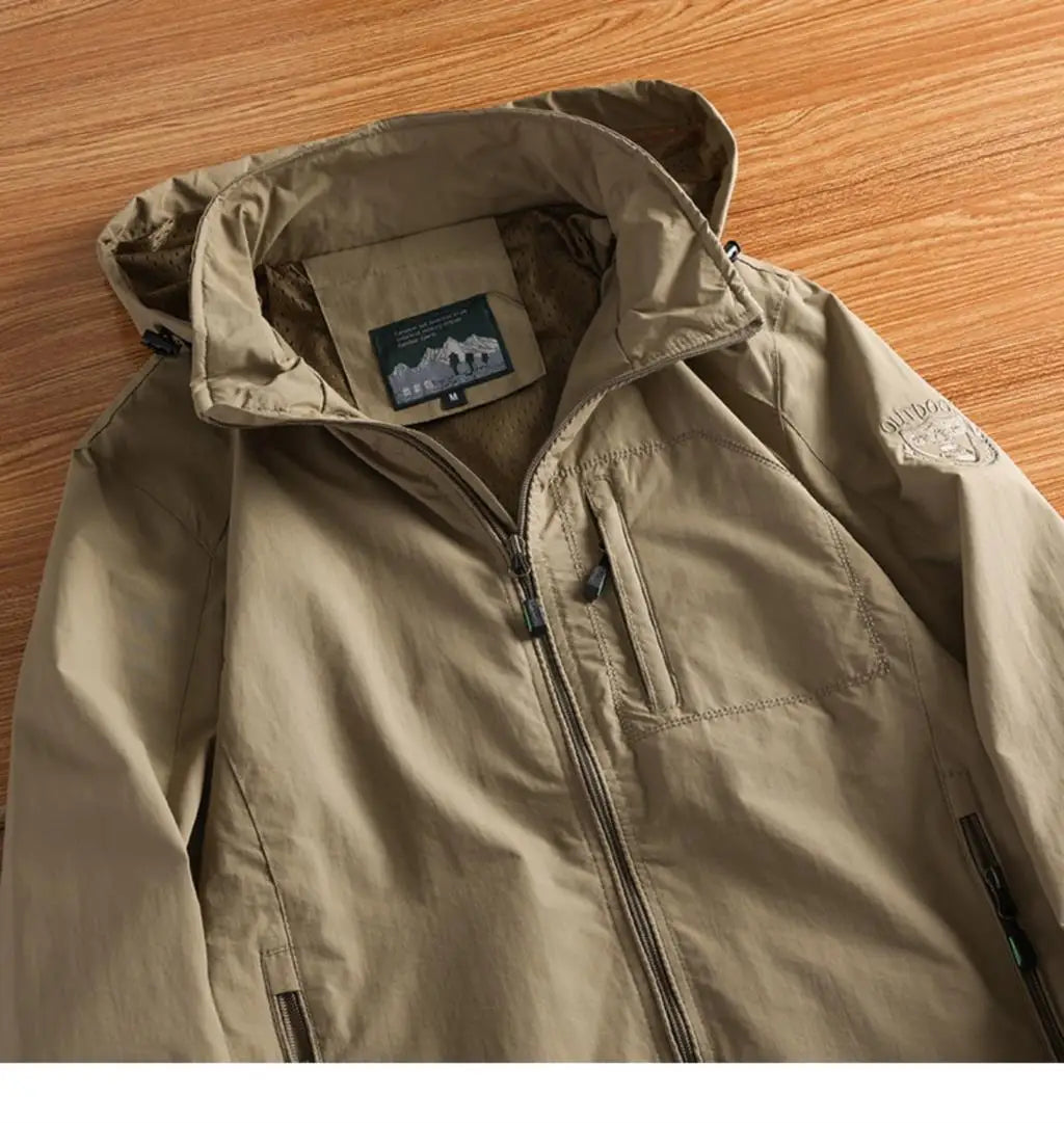 Men’s Khaki Windbreaker Jacket | Lightweight Shell | Adjustable Hood