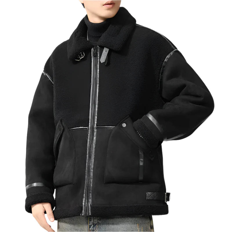 Men’s Oversized Sherpa Jacket | Faux Leather Trim | Full-Zip Cold Weather Coat